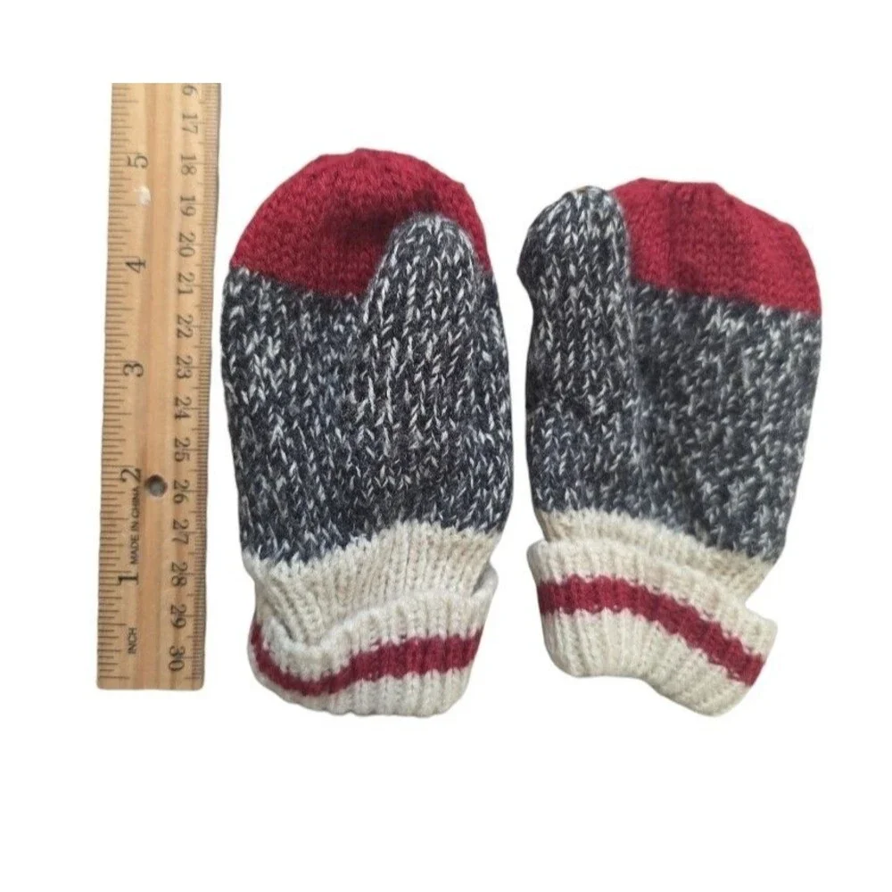 Roots Canada Baby Toddler Mittens Knit Gray Red Winter Outdoor Ski Sledding
